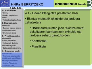 4.4.- Urteko Plangintza prestatzen hasi
? Ekintza motetatik ekinbide eta jarduera
zehatzetara
? HNBk aurreikusten joan ekintza mota
bakoitzaren barnean zein ekinbide eta
jarduera zehatz garatuko den
? Kontrastatu
? Planifikatu
HNPa BERRITZEKO
LANAK
ONDORENGO lanak
1.- Atariko lanak
? Girotu
? Marko konpartitua
ezarri
? Antolatu eta planifikatu
2. Diagnosia egin:
? Prestatu
? Egungo egoera aztertu
? Ibilbidea aztertu
? Ondorioak atera
3.- Proiektua prestatu
eta onartu
? Lana planifikatu
? Helburuak definitu
? Proiektua garatu
? Eztabaidatu eta onartu
4.- Ondorengo lanak:
? Sozializatu
? Nor bere ardurak eta
eginkizunak identifikatu
? HN egitura definitu
? Urteko Plangintza
prestatzen hasi
1.- Atariko lanak
? Girotu
? Marko konpartitua
ezarri
? Antolatu eta planifikatu
2. Diagnosia egin:
? Prestatu
? Egungo egoera aztertu
? Ibilbidea aztertu
? Ondorioak atera
3.- Proiektua prestatu
eta onartu
? Lana planifikatu
? Helburuak definitu
? Proiektua garatu
? Eztabaidatu eta onartu
4.- Ondorengo lanak:
? Sozializatu
? Nor bere ardurak eta
eginkizunak identifikatu
? HN egitura definitu
? Urteko Plangintza
prestatzen hasi
 