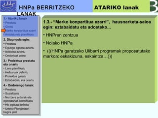 1.- Atariko lanak
? Prestatu
? Girotu
? Marko konpartitua ezarri
? Antolatu eta planifikatu
2. Diagnosia egin:
? Prestatu
? Egungo egoera aztertu
? Ibilbidea aztertu
? Ondorioak atera
3.- Proiektua prestatu
eta onartu
? Lana planifikatu
? Helburuak definitu
? Proiektua garatu
? Eztabaidatu eta onartu
4.- Ondorengo lanak:
? Prestatu
? Sozializatu
? Nor bere ardurak eta
eginkizunak identifikatu
? HN egitura definitu
? Urteko Plangintzari
begira jarri
1.- Atariko lanak
? Prestatu
? Girotu
? Marko konpartitua ezarri
? Antolatu eta planifikatu
2. Diagnosia egin:
? Prestatu
? Egungo egoera aztertu
? Ibilbidea aztertu
? Ondorioak atera
3.- Proiektua prestatu
eta onartu
? Lana planifikatu
? Helburuak definitu
? Proiektua garatu
? Eztabaidatu eta onartu
4.- Ondorengo lanak:
? Prestatu
? Sozializatu
? Nor bere ardurak eta
eginkizunak identifikatu
? HN egitura definitu
? Urteko Plangintzari
begira jarri
1.3.- Marko konpartitua ezarri, hausnarketa-saioa
egin: eztabaidatu eta adosteko...
? HNPren zentzua
? Nolako HNPa
? (((HNPa garatzeko Ulibarri programak proposatutako
markoa: eskakizuna, eskaintza)))
HNPa BERRITZEKO
LANAK
ATARIKO lanak
 