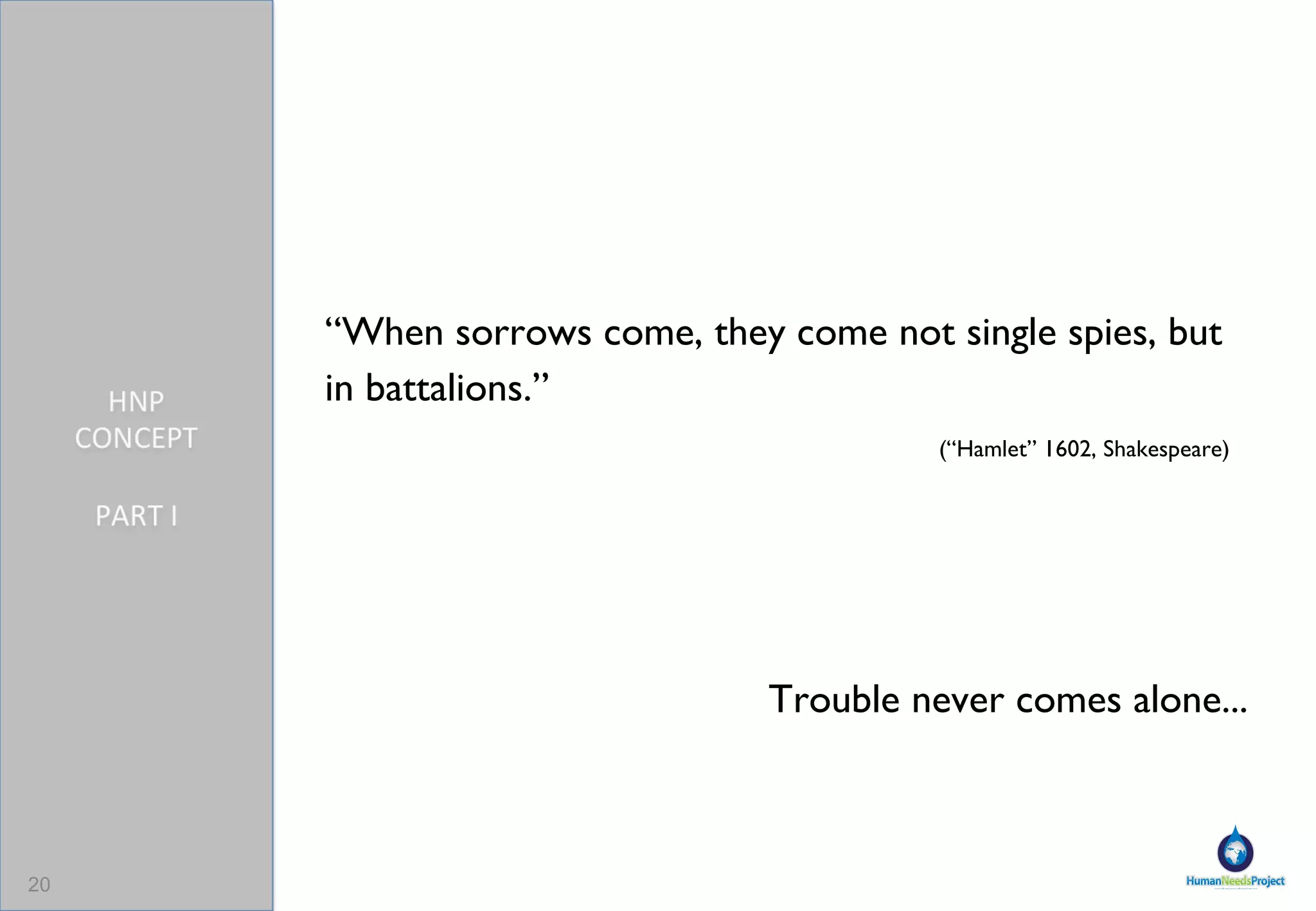 “ When sorrows come, they come not single spies, but in battalions.”  (“Hamlet” 1602, Shakespeare)     Trouble never comes alone... 