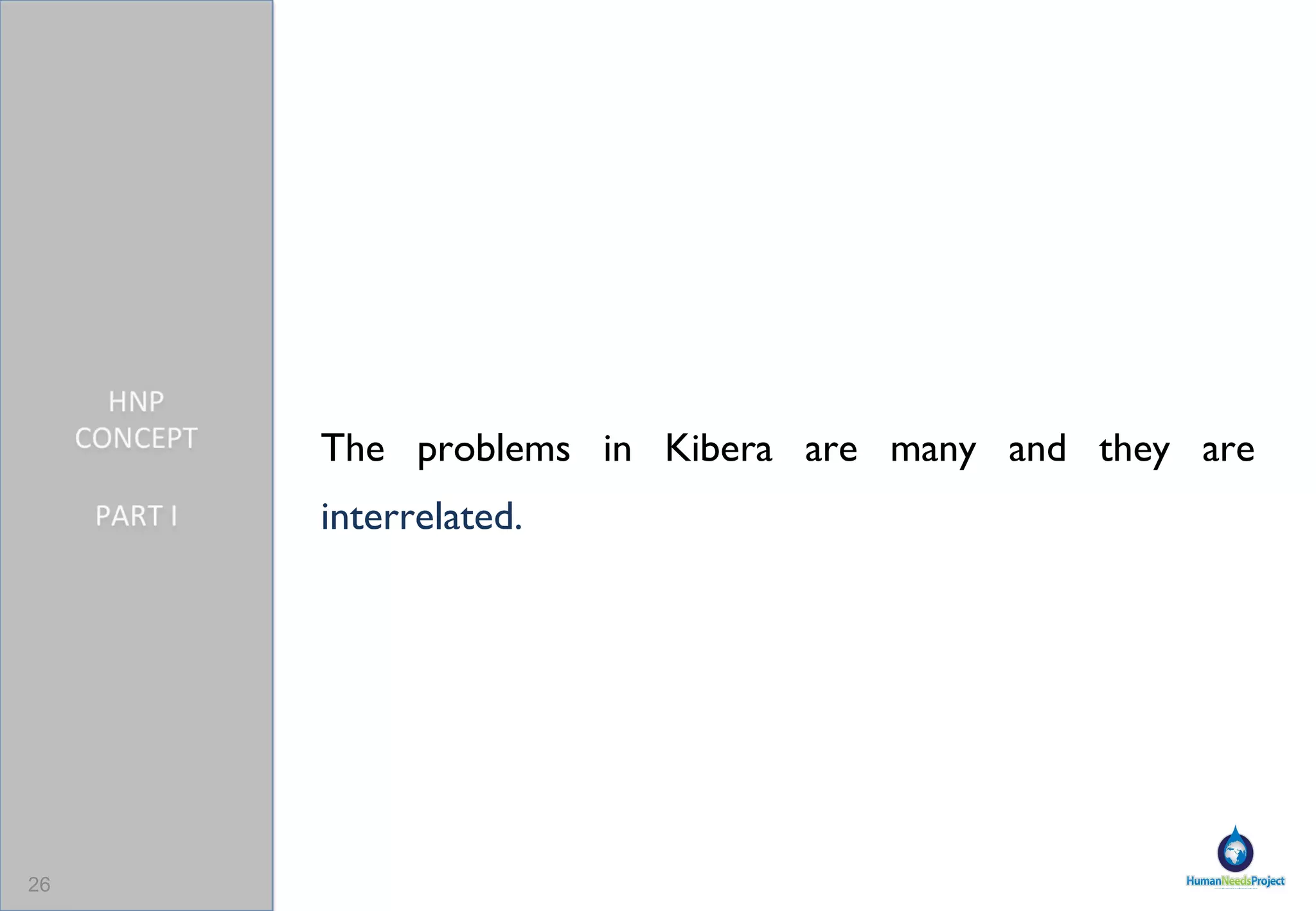 The problems in Kibera are many and they are  interrelated. 