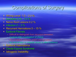 Complications of Surgery Wrong Level  1.2 – 3.3 % Durotomy 0.8 – 7.2 % Nerve Root Lesions 0.2 % Infection 2 – 3 % Recurrent Herniations 5 – 15 % Epidural Fibrosis Difficult to distinguish from recurrent herniation Contrast MRI investigation of choice No correlation between extent and symptoms No intervention or material shown to alter incidence Epidural Haematoma Cauda Equina Syndrome Iatrogenic Instability 