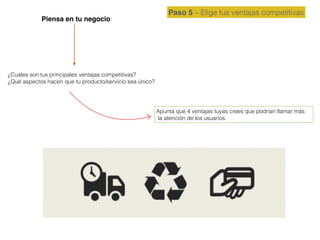Paso 5 – Elige tus ventajas competitivas
Piensa en tu negocio:
¿Cuáles son tus principales ventajas competitivas?
¿Qué aspectos hacen que tu producto/servicio sea único?
Apunta qué 4 ventajas tuyas crees que podrían llamar más
la atención de los usuarios.
 