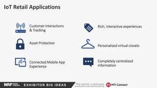 IoT Retail Applications
Customer Interactions
& Tracking
Asset Protection
Connected Mobile App
Experience
Rich, interactive experiences
Personalized virtual closets
Completely centralized
information
 