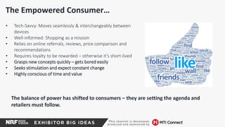 The Empowered Consumer…
• Tech-Savvy: Moves seamlessly & interchangeably between
devices
• Well-informed: Shopping as a mission
• Relies on online referrals, reviews, price comparison and
recommendations
• Requires loyalty to be rewarded – otherwise it’s short-lived
• Grasps new concepts quickly – gets bored easily
• Seeks stimulation and expect constant change
• Highly conscious of time and value
The balance of power has shifted to consumers – they are setting the agenda and
retailers must follow.
 
