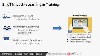 3. IoT Impact- eLearning & Training
Training On Demand
• Optimized for Mobile
Personalized & Experience
• Employee, Customer,
Environment
Guided, Curated Experiences
• AR & VR “Digital Twin”
Gamification
• Increases Retention Rates
• Provides Instant Feedback
• Boosts Productivity
• Drives Behavioral Change
 