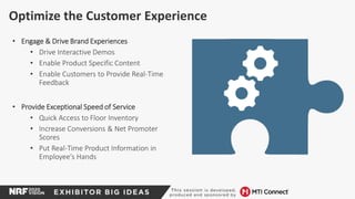 Optimize the Customer Experience
• Engage & Drive Brand Experiences
• Drive Interactive Demos
• Enable Product Specific Content
• Enable Customers to Provide Real-Time
Feedback
• Provide Exceptional Speed of Service
• Quick Access to Floor Inventory
• Increase Conversions & Net Promoter
Scores
• Put Real-Time Product Information in
Employee’s Hands
 
