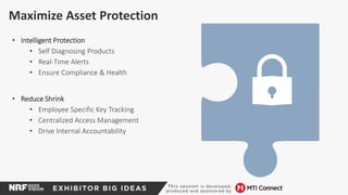 Maximize Asset Protection
• Intelligent Protection
• Self Diagnosing Products
• Real-Time Alerts
• Ensure Compliance & Health
• Reduce Shrink
• Employee Specific Key Tracking
• Centralized Access Management
• Drive Internal Accountability
 