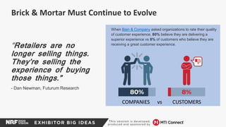 Brick & Mortar Must Continue to Evolve
When Bain & Company asked organizations to rate their quality
of customer experience, 80% believe they are delivering a
superior experience vs 8% of customers who believe they are
receiving a great customer experience.
COMPANIES vs CUSTOMERS
“Retailers are no
longer selling things.
They’re selling the
experience of buying
those things.”
- Dan Newman, Futurum Research
 