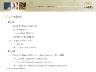 Overview
• Part I
   – Head and Neck Cancer
                    • Background
                    • Standard of Care
        – Molecular Subtypes
        – Target Now Study
                    • Results
                    • Clinical Implications
• Part II
   – Head and Neck Cancer – Opportunities for R&D
                    • Current Diagnostic Approaches
                    • Current Research in area of exosomes
                    • Companies actively researching diagnostic platforms
©2012 Caris Life Sciences, Ltd. and Affiliates                              2
 