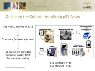 Delineate the Cohort - Amplichip p53 Assay

 163 HNSCC profiled in 2011



61 cases w/leftover specimen



   52 specimens provided
   Sufficient quality DNA
    For mutation testing
                                                    p53 Wildtype n=39
   ©2012 Caris Life Sciences, Ltd. and Affiliates
                                                    p53 Mutated n=13    7
 