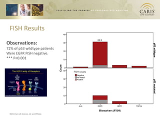 FISH Results
                                                  *

                                                  ***
Observations:
72% of p53 wildtype patients
Were EGFR FISH negative.
*** P<0.001




 ©2012 Caris Life Sciences, Ltd. and Affiliates         9
 