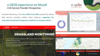 e-GEOS experience on Mundi
A GI Service Provider Perspective
16
Grassland Monitoring is the first e-GEOS Front Office powered by Mundi
Web Services, providing satellite based evidences supporting the
assessment of grassland management compliance to European policies.
 