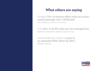 What others are saying
Roughly 70% of doctors office visits are unnec-
essary (average cost = $153/visit)
The Wellness Council of America


Over 66% of all ER visits are non-emergencies.
National Ambulatory Medical Care Survey


Home healthcare market to grow to
an estimated $207 billion by 2014.
Morgan Stanley
 