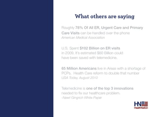 What others are saying
Roughly 78% Of All ER, Urgent Care and Primary
Care Visits can be handled over the phone
American Medical Association


U.S. Spent $102 Billion on ER visits
in 2009. It’s estimated $60 Billion could
have been saved with telemedicine.

65 Million Americans live in Areas with a shortage of
PCPs. Health Care reform to double that number
USA Today, August 2010


Telemedicine is one of the top 3 innovations
needed	to	fix	our	healthcare	problem.
-Newt Gingrich White Paper
 