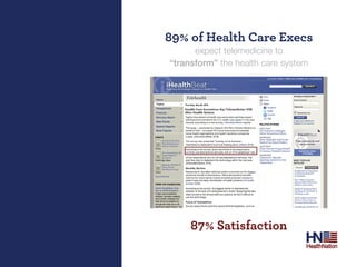 89% of Health Care execs
      expect telemedicine to
“transform” the health care system




     87% satisfaction
 