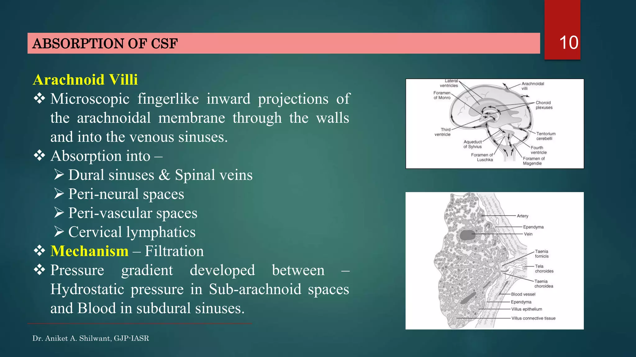 Dr. Aniket A. Shilwant, GJP-IASR
10ABSORPTION OF CSF
Arachnoid Villi
 Microscopic fingerlike inward projections of
the arachnoidal membrane through the walls
and into the venous sinuses.
 Absorption into –
 Dural sinuses & Spinal veins
 Peri-neural spaces
 Peri-vascular spaces
 Cervical lymphatics
 Mechanism – Filtration
 Pressure gradient developed between –
Hydrostatic pressure in Sub-arachnoid spaces
and Blood in subdural sinuses.
 