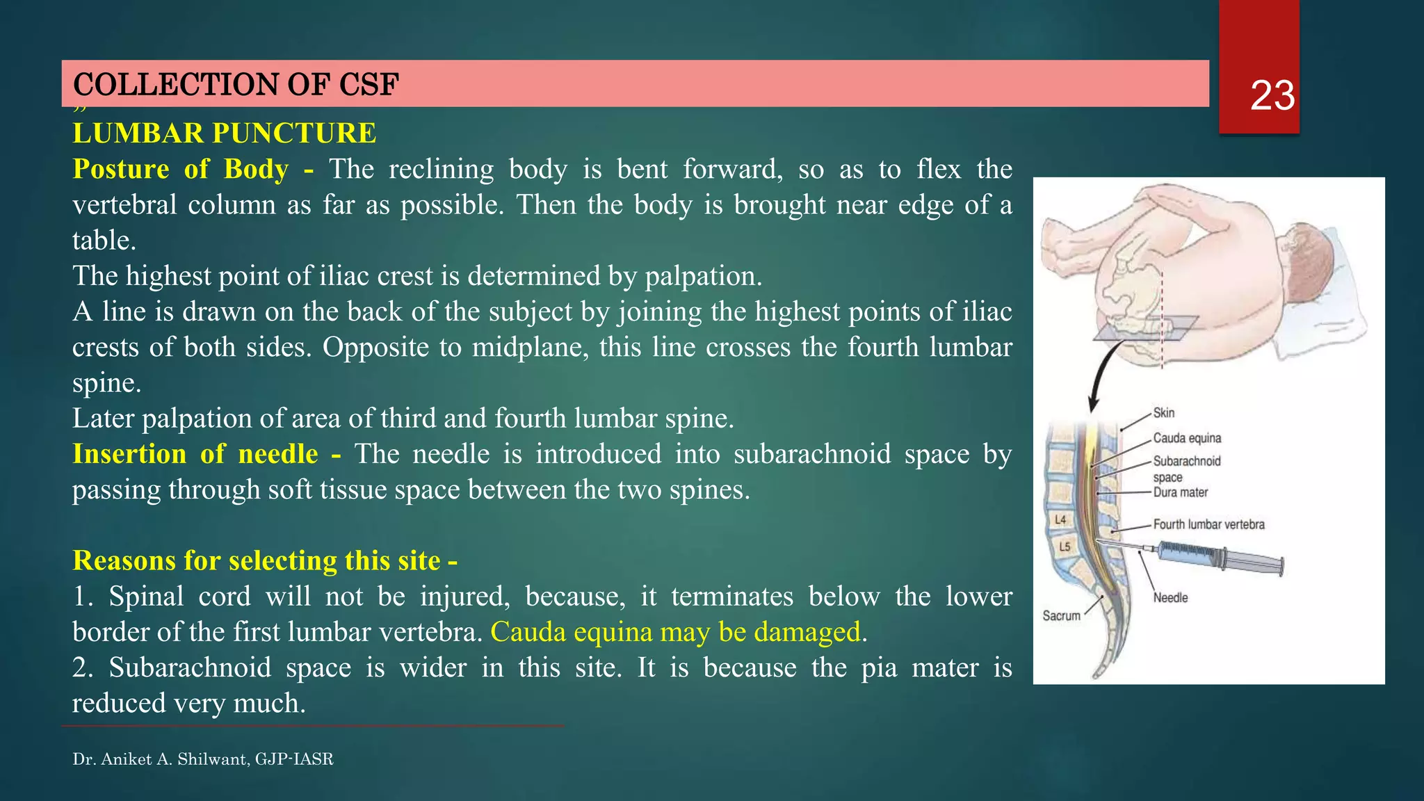 23
HEADING
„
LUMBAR PUNCTURE
Posture of Body - The reclining body is bent forward, so as to flex the
vertebral column as far as possible. Then the body is brought near edge of a
table.
The highest point of iliac crest is determined by palpation.
A line is drawn on the back of the subject by joining the highest points of iliac
crests of both sides. Opposite to midplane, this line crosses the fourth lumbar
spine.
Later palpation of area of third and fourth lumbar spine.
Insertion of needle - The needle is introduced into subarachnoid space by
passing through soft tissue space between the two spines.
Reasons for selecting this site -
1. Spinal cord will not be injured, because, it terminates below the lower
border of the first lumbar vertebra. Cauda equina may be damaged.
2. Subarachnoid space is wider in this site. It is because the pia mater is
reduced very much.
COLLECTION OF CSF
Dr. Aniket A. Shilwant, GJP-IASR
 