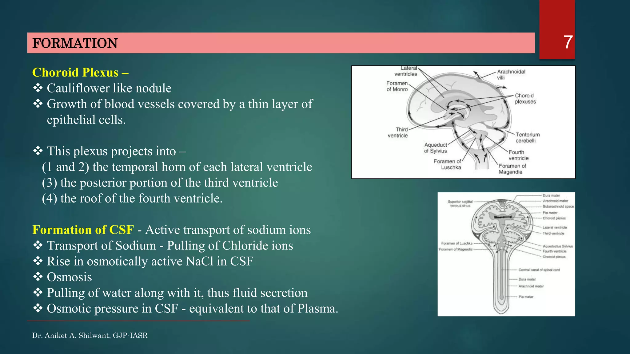 7FORMATION
Choroid Plexus –
 Cauliflower like nodule
 Growth of blood vessels covered by a thin layer of
epithelial cells.
 This plexus projects into –
(1 and 2) the temporal horn of each lateral ventricle
(3) the posterior portion of the third ventricle
(4) the roof of the fourth ventricle.
Formation of CSF - Active transport of sodium ions
 Transport of Sodium - Pulling of Chloride ions
 Rise in osmotically active NaCl in CSF
 Osmosis
 Pulling of water along with it, thus fluid secretion
 Osmotic pressure in CSF - equivalent to that of Plasma.
Dr. Aniket A. Shilwant, GJP-IASR
 