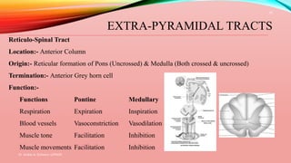 EXTRA-PYRAMIDAL TRACTS
Reticulo-Spinal Tract
Location:- Anterior Column
Origin:- Reticular formation of Pons (Uncrossed) & Medulla (Both crossed & uncrossed)
Termination:- Anterior Grey horn cell
Function:-
Functions Pontine Medullary
Respiration Expiration Inspiration
Blood vessels Vasoconstriction Vasodilation
Muscle tone Facilitation Inhibition
Muscle movements Facilitation Inhibition
Dr. Aniket A. Shilwant, GJPIASR
24
 