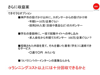 hint.ne.jp
さらに収益案
できそうなオプション
■神戸市の投げかけ以外に、スポンサーからの投げかけ枠
・年額5〜10万/企業ぐらい
・採用された賞（目録や景品など）のスポンサー
■学生の登録時に、一括で就職サイトへの申し込み
・求人会社から年額でスポンサー 100万/企業ぐらい？
■投稿された内容を見て、それを書いた著者（学生）に連絡でき
るサービス
・○通で○円 みたいな
■ついでにバイト・インターンの募集なんかも
→ランニングコスト以上には十分回収できるかと
 
