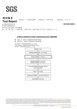 25, Wu Chyuan 7th Road, New Taipei Industrial Park, Wu Ku District, New Taipei City, Taiwan /新北市五股區新北產業園區五權七路25號
t+886 (02)2299 3939 f+886 (02)2299 3237 www.sgs.tw
Member of the SGS Group
SGS Taiwan Ltd. 台灣檢驗科技股份有限公司
This document is issued by the Company subject to its General Conditions of Service printed overleaf, available on request or accessible at http://www.sgs.com/en/Terms-and-Conditions.aspx
and, for electronic format documents, subject to Terms and Conditions for Electronic Documents at http://www.sgs.com/en/Terms-and-Conditions/Termse-Document.aspx. Attention is
drawn to the limitation of liability, indemnification and jurisdiction issues defined therein. Any holder of this document is advised that information contained hereon reflects the Company’s
findings at the time of its intervention only and within the limits of client’s instruction, if any. The Company’s sole responsibility is to its Client and this document does not exonerate parties
to a transaction from exercising all their rights and obligations under the transaction documents. This document cannot be reproduced, except in full, without prior written approval of the
Company. Any unauthorized alteration, forgery or falsification of the content or appearance of this document is unlawful and offenders may be prosecuted to the fullest extent of the law.
Unless otherwise stated the results shown in this test report refer only to the sample(s) tested.
頁數(Page): 11 of 12號碼(No.) : CE/2016/30883 日期(Date) : 2016/03/09
HT-TECH CORPORATION
測試報告
Test Report
新北市汐止區大同路一段179號9樓
9F., NO. 179, SEC. 1, DATONG RD., XIZHI DIST., NEW TAIPEI CITY 221, TAIWAN (R. O. C.)
宏信科技股份有限公司 *CE/2016/30883*
多溴聯苯/多溴聯苯醚分析流程圖 / Analytical flow chart - PBB/PBDE
 測試人員：翁賜彬 / Technician: Roman Wong
 測試負責人：張啟興 / Supervisor: Troy Chang
初次測試程序 / First testing process
選擇性篩檢程序 / Optional screen process
確認程序 / Confirmation process
Sample / 樣品
Issue Report 撰打報告
Sample extraction 樣品萃取/
Soxhlet method 索式萃取法
Analysis by GC/MS / 氣相層析質譜儀分析
Filter / 萃取液過濾
Sample pretreatment / 樣品前處理
Screen analysis / 初篩分析
Concentrate/Dilute Extracted solution
萃取液濃縮/稀釋
 