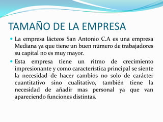 TAMAÑO DE LA EMPRESA<br />La empresa lácteos San Antonio C.A es una empresa Mediana ya que tiene un buen número de trabaja...