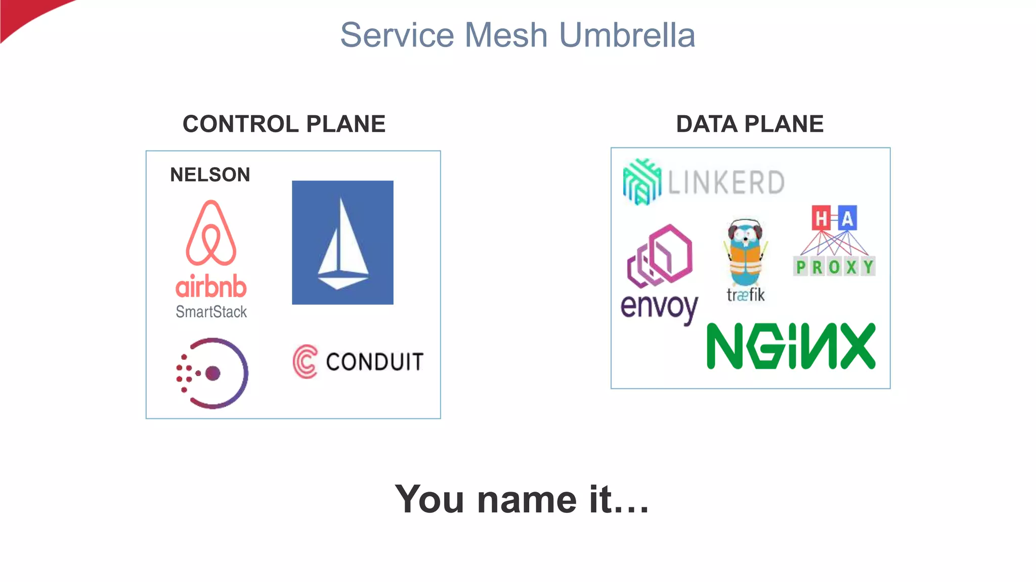 Service Mesh Umbrella
NELSON
CONTROL PLANE DATA PLANE
You name it…
 