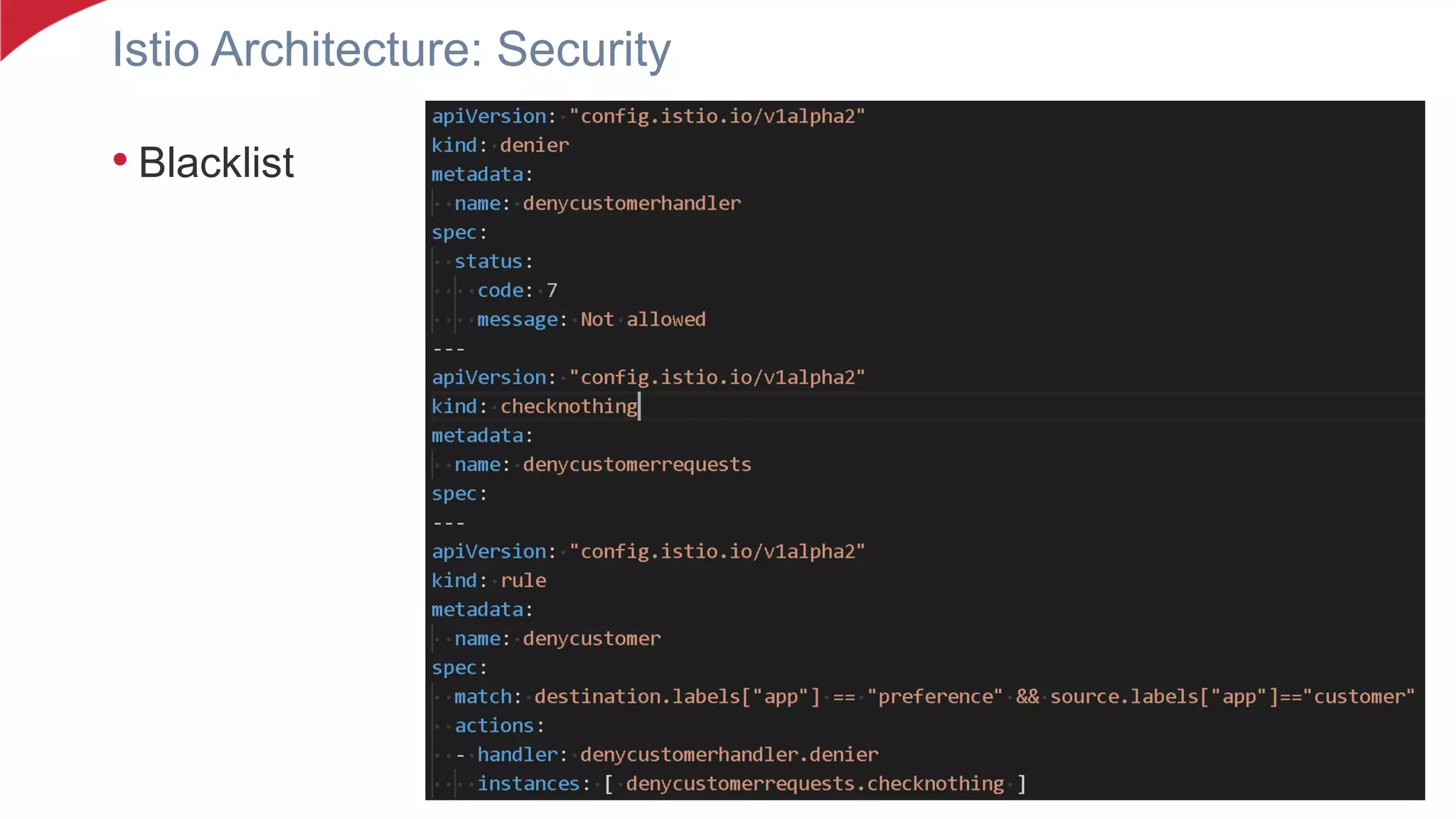 Istio Architecture: Security
• Blacklist
 