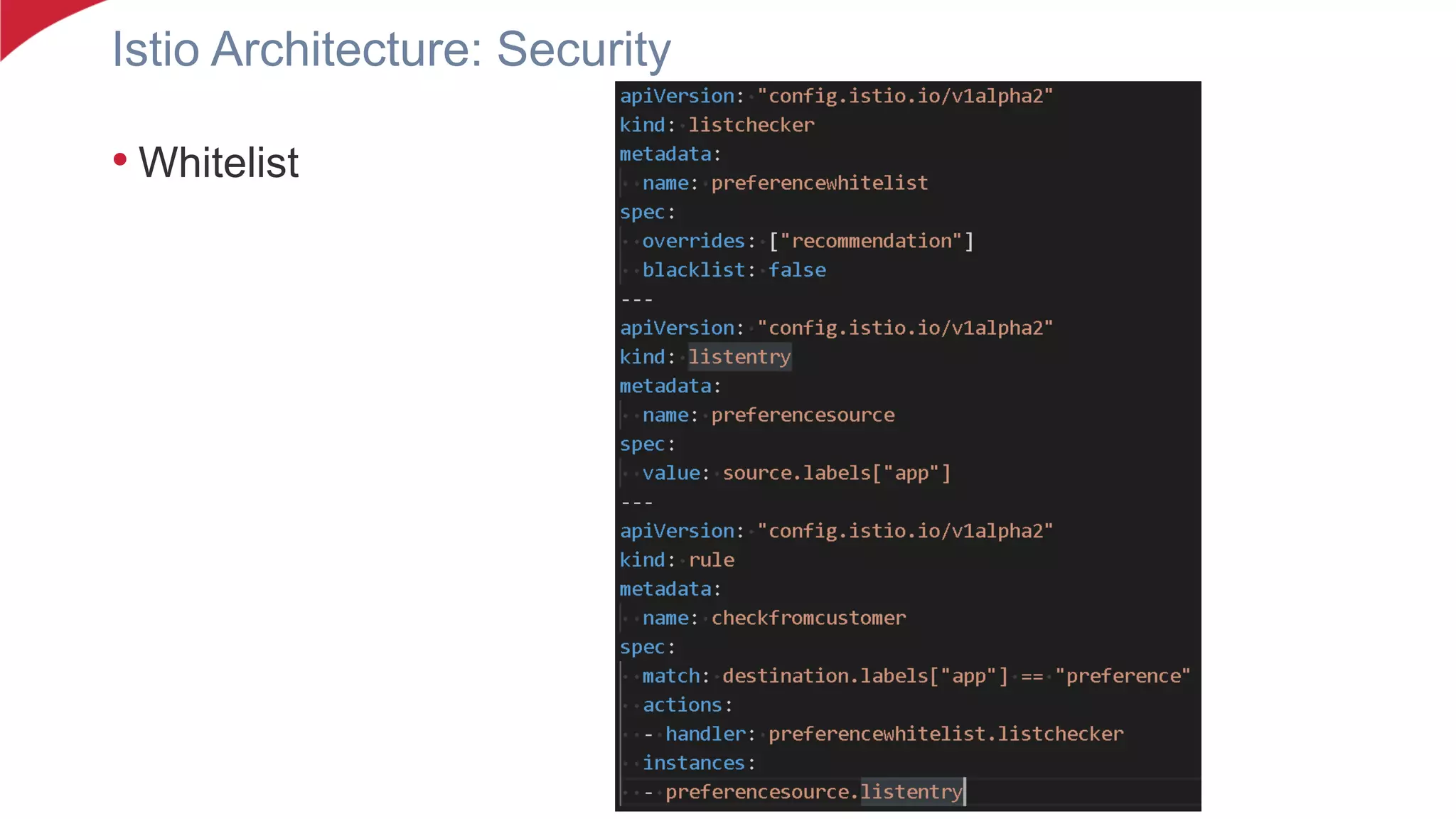 Istio Architecture: Security
• Whitelist
 