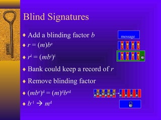 Blind Signatures 
¨Add a blinding factor b 
¨ r = (m)be 
¨rd = (mbe)d 
¨Bank could keep a record of r 
¨Remove blinding factor 
¨ (mbe)d = (m)dbed 
¨ b-1  md 
message 
 