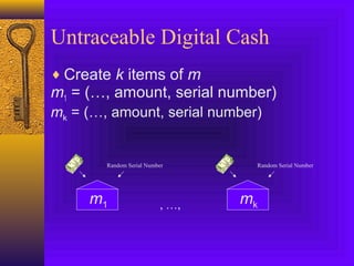 Untraceable Digital Cash 
¨Create k items of m 
m1 = (…, amount, serial number) 
mk = (…, amount, serial number) 
Random Serial Number 
m1 
Random Serial Number 
, …, mk 
 