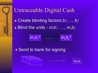 Untraceable Digital Cash 
¨Create blinding factors:b1 
e,…, bk 
e 
¨Blind the units - m1b1 
e, …, mk bk 
e 
m1b1 
e mkbk 
, …, e 
Bank 
¨Send to bank for signing 
 