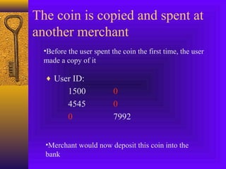 The coin is copied and spent at 
another merchant 
•Before the user spent the coin the first time, the user 
made a copy of it 
¨ User ID: 
1500 0 
4545 0 
0 7992 
•Merchant would now deposit this coin into the 
bank 
 