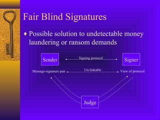 Fair Blind Signatures 
¨Possible solution to undetectable money 
laundering or ransom demands 
Sender Signing protocol Signer 
Message-signature pair Un-linkable View of protocol 
Judge 
 