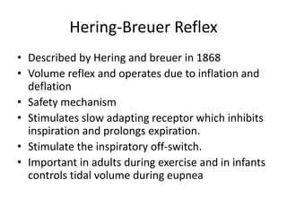 Hering-Breuer Reflex
• Described by Hering and breuer in 1868
• Volume reflex and operates due to inflation and
deflation
• Safety mechanism
• Stimulates slow adapting receptor which inhibits
inspiration and prolongs expiration.
• Stimulate the inspiratory off-switch.
• Important in adults during exercise and in infants
controls tidal volume during eupnea
 