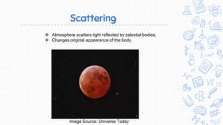 Scattering
Image Source: Universe Today
 Atmosphere scatters light reflected by celestial bodies.
 Changes original appearance of the body.
 