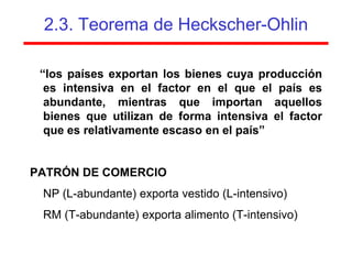2.3. Teorema de Heckscher-Ohlin

 “los países exportan los bienes cuya producción
  es intensiva en el factor en el que el país es
  abundante, mientras que importan aquellos
  bienes que utilizan de forma intensiva el factor
  que es relativamente escaso en el país”


PATRÓN DE COMERCIO
 NP (L-abundante) exporta vestido (L-intensivo)
 RM (T-abundante) exporta alimento (T-intensivo)
 
