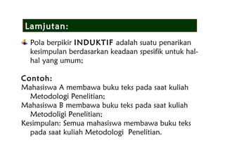 Lamjutan:
Pola berpikir INDUKTIF adalah suatu penarikan
kesimpulan berdasarkan keadaan spesifik untuk hal-
hal yang umum;
Contoh:
Mahasiswa A membawa buku teks pada saat kuliah
Metodologi Penelitian;
Mahasiswa B membawa buku teks pada saat kuliah
Metodoligi Penelitian;
Kesimpulan: Semua mahasiswa membawa buku teks
pada saat kuliah Metodologi Penelitian.
 