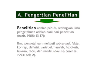 A. Pengertian PenelitianA. Pengertian Penelitian
Penelitian adalah proses, sedangkan ilmu
pengetahuan adalah hasil dari penelitian
(nazir, 1988: 13-17);
Ilmu pengetahuan meliputi :observasi, fakta,
konsep, definisi, variabel,masalah, hipotesis,
hukum, teori, dan model (davis & cosenza,
1993: bab 2).
 