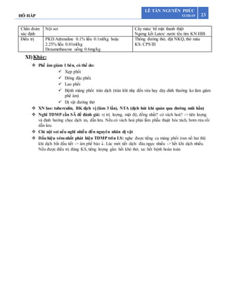 HÔ HẤP 23
LÊ TẤN NGUYÊN PHÚC
Y13D-19
Chẩn đoán
xác định
Nội soi Cấy máu/ bề mặt thanh thiệt
Ngưng kết Latex/ nước tểu tìm KN HIB
Điều trị PKD Adrenaline 0.1% liều 0.1ml/kg hoặc
2.25% liều 0.01ml/kg
Dexamethasone uống 0.6mg/kg
Thông đường thở, đặt NKQ, thở máu
KS: CPS III
XI)Khác:
 Phế âm giảm 1 bên, có thể do:
 Xẹp phổi
 Đông đặc phổi.
 Lao phổi
 Bệnh màng phổi: tràn dịch (tràn khí nhẹ đến vừa hay dày dính thường ko làm giảm
phế âm)
 Dị vật đường thở
 XN lao: tuberculin, BK dịch vị (làm 3 lần), NTA (dịch hút khí quản qua đường mũi hầu)
 Nghĩ TDMP cần SÂ để đánh giá: vị trí, lượng, mật độ, đồng nhất? có vách hoá? -> tiên lượng
và định hướng chọc dịch xn, dẫn lưu. Nếu có vách hoá phải lầm phẫu thuật bóc tách, bơm rửa rồi
dẫn lưu.
 Chỉ nội soi nếu nghĩ nhiều đến nguyên nhân dị vật
 Dấu hiệu sớm nhất phát hiện TDMP trên LS: nghe được tiếng cọ màng phổi (ran nổ hai thì)
khi dịch bắt đầu tiết -> âm phế bào . Lúc mới tiết dịch: đâu ngực nhiều -> hết khi dịch nhiều.
Nếu được điều trị đúng KS, tiêng lượng gần: hết khó thở, xa: hết bệnh hoàn toàn
 