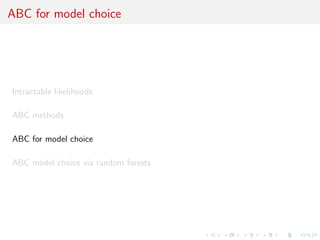 Output 
The likelihood-free algorithm samples from the marginal in z of: 
(, zjy) = 
()f (zj)IA,y(z) R 
A,y ()f (zj)dzd 
, 
where A,y = fz 2 Dj((z), (y))  g. 
The idea behind ABC is that the summary statistics coupled with a 
small tolerance should provide a good approximation of the 
posterior distribution: 
(jy) = 
Z 
(, zjy)dz  (jy) . 
 