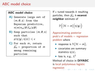 Output 
The likelihood-free algorithm samples from the marginal in z of: 
(, zjy) = 
()f (zj)IA,y(z) R 
A,y ()f (zj)dzd 
, 
where A,y = fz 2 Dj((z), (y))  g. 
The idea behind ABC is that the summary statistics coupled with a 
small tolerance should provide a good approximation of the 
restricted posterior distribution: 
(jy) = 
Z 
(, zjy)dz  (j(y)) . 
Not so good..! 
 