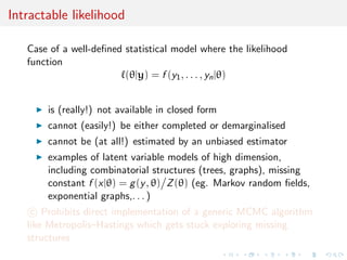 Outline 
Intractable likelihoods 
ABC methods 
ABC for model choice 
ABC model choice via random forests 
 