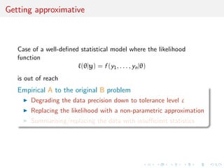 elds, 
exponential graphs,. . . ) 

c Prohibits direct implementation of a generic MCMC algorithm 
like Metropolis{Hastings which gets stuck exploring missing 
structures 
 