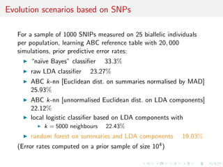 Subsampling 
Due to both large datasets [practical] and theoretical 
recommendation of Scornet et al. (2014), from independence 
between trees to convergence issues, boostrap sample of much 
smaller size than original data size 
nboot = o(n) 
Each CART tree stops when number of observations per node is 1: 
no culling of the branches 
 