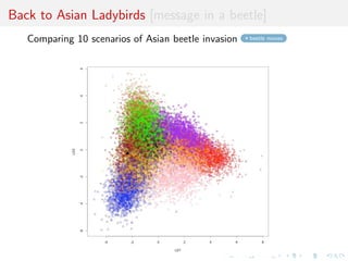 Outcome of ABC-RF 
Random forest predicts a (MAP) model index, from the observed 
dataset: The predictor provided by the forest is sucient to 
select the most likely model but not to derive associated posterior 
probability 
I exploit entire forest by computing how many trees lead to 
picking each of the models under comparison but variability 
too high to be trusted 
I frequency of trees associated with majority model is no proper 
substitute to the true posterior probability 
I usual ABC-MC approximation equally highly variable and hard 
to assess 
I random forests de 