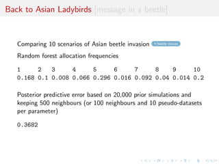 Posterior predictive expected losses 
We suggest replacing unstable approximation of 
P(M = mjxo) 
with xo observed sample and m model index, by average of the 
selection errors across all models given the data xo, 
P(M^ (X)6= Mjxo) 
where pair (M,X) generated from the predictive 
Z 
f (xj)(,Mjxo)d 
and M^ (x) denotes the random forest model (MAP) predictor 
 