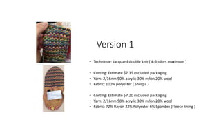 Version 1
• Technique: Jacquard double knit ( 4-5colors maximum )
• Costing: Estimate $7.35 excluded packaging
• Yarn: 2/16nm 50% acrylic 30% nylon 20% wool
• Fabric: 100% polyester ( Sherpa )
• Costing: Estimate $7.20 excluded packaging
• Yarn: 2/16nm 50% acrylic 30% nylon 20% wool
• Fabric: 72% Rayon 22% Polyester 6% Spandex (Fleece lining )
 