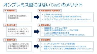 オンプレミス型にはない DaaS のメリット
小規模では割に合わない
初期設備投資
• [CAPEX から OPEX へ]
ハードウェア調達不要で小規模でも始めやすく
• サブスクリプションモデルのライセンス（最小50ユーザー～）
機器調達リードタイムや
複雑なシステム構成による
プロジェクトの長期化
• 機器調達リードタイム不要で
実機評価や本番環境導入のハードルが軽減
• システムの構築作業はほぼ不要
(Microsoft Azure やVMware Horizon の専門家である必要なし)
パッチ管理/バックアップ/
可用性維持等の運用管理に
熟練の運用管理者が必要
• シンプルな Web ポータル上で管理可能
• 管理サーバー群は Horizon Cloud 内のサービスまたは
仮想アプライアンスとして稼働/自動更新 (メンテンナンスフリー)
◆ 大規模向け
◆ 導入が大変
◆ 運用が大変
◆ 規模を問わず利用可能！
◆ 容易な導入
◆ 容易な運用
 