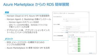 Azure Marketplace からの RDS 簡単展開
概要
• Horizon Cloud UI から Azure VM を直接提供
• Horizon Agent と Bootstrap 自動インストール
– Horizon Agent のオプションを設定
– GPU ベースのVMの場合、NVIDIA ドライバは
手動インストールが必要
• デプロイメント後、アプリケーションをインス
トールしてイメージを完成させる
メリット
• RDS イメージマスターを構築するための
シンプルな設定作業
• Azure Marketplace の 標準 RDSH VM を活用
 